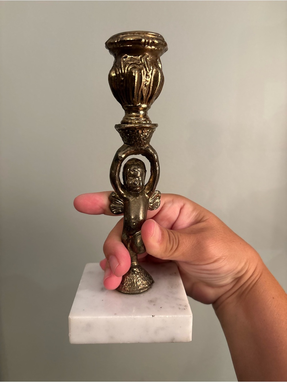 Vintage brass cherub candlestick holder white marble base Hollywood regency